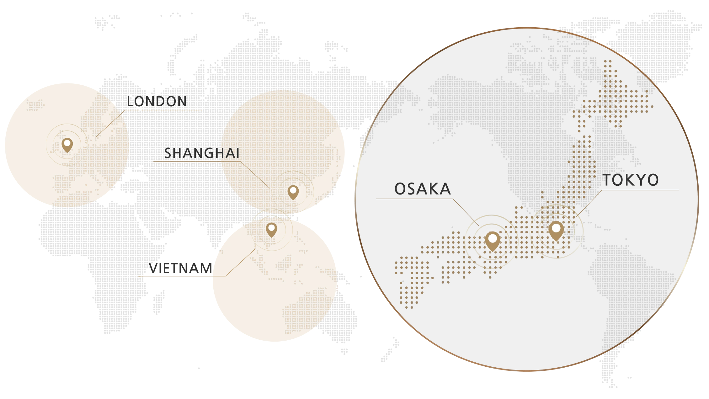 大阪、東京、上海、ベトナム、ロンドンの拠点マップ